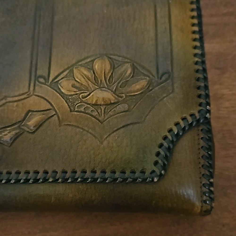 Antique Art Nouveau Tooled Floral Leather Expandable Wallet Clutch Bag - Picture 5 of 16
